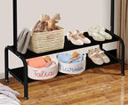Kids Clothing Rack - Small Garment Rack - Small Kids Costume Wardrobe Rack with 2 Fabric Floors Storage Shelf - Mini Short Baby Toddler Clothes Rack