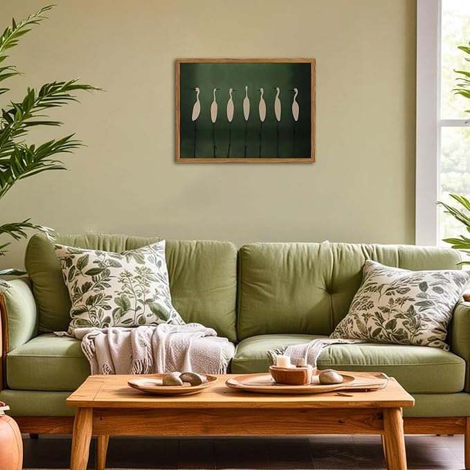 Framed Japanese Cranes Wall Art, Vintage Bird Pictures Wall Decor Paintings, Rustic Nature Animal Canvas Prints Minimalist Green Home Decor for Living Room Bedroom Office 16x24 inch