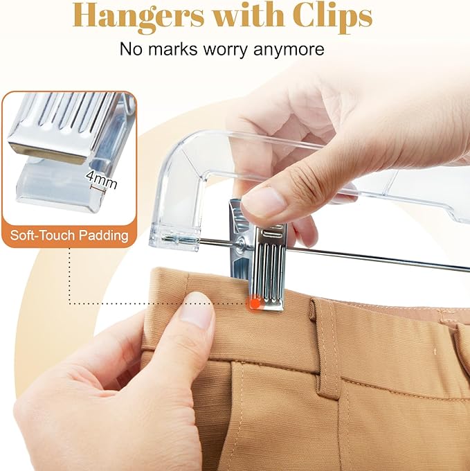 HOUSE DAY 12 Pack 14 inch Clear Plastic Skirt Hangers with Adjustable Clips, Pants Hangers 360-Rotating Swivel Hook, Clip Hangers for Pants, Trousers, Skirts, Jeans, Bulk Plastic Hangers