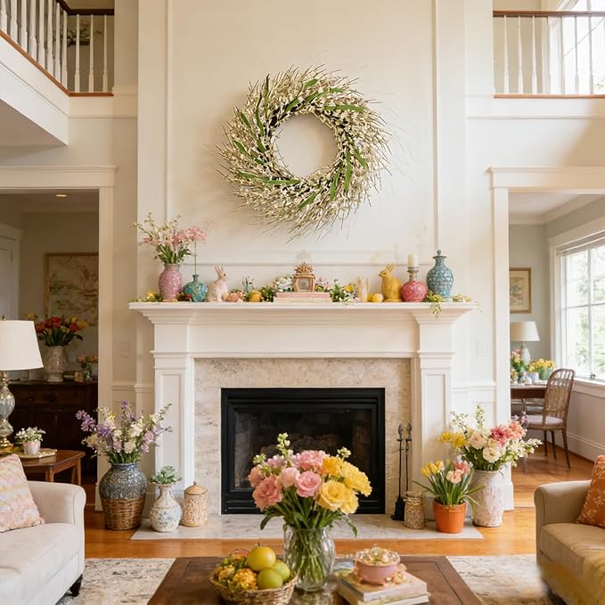 26 Inch Spring Wreaths for Front Door, Large Artificial Forsythia Flowers Wreath, Spring Summer Floral Wreath All Season for Home, Wall, Window, Porch, Wedding, Farmhouse Decor (White)