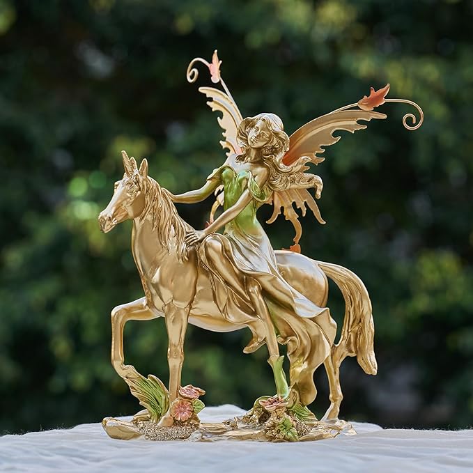 Resin Fairy Statue Elegant Fantasy Decor, Hand-Painted Angel Figurine Graceful Fairy Sculpture for Bookshelf, Mantel, Indoor Outdoor Decor, Thoughtful Gift for Women, Girls (Riding)