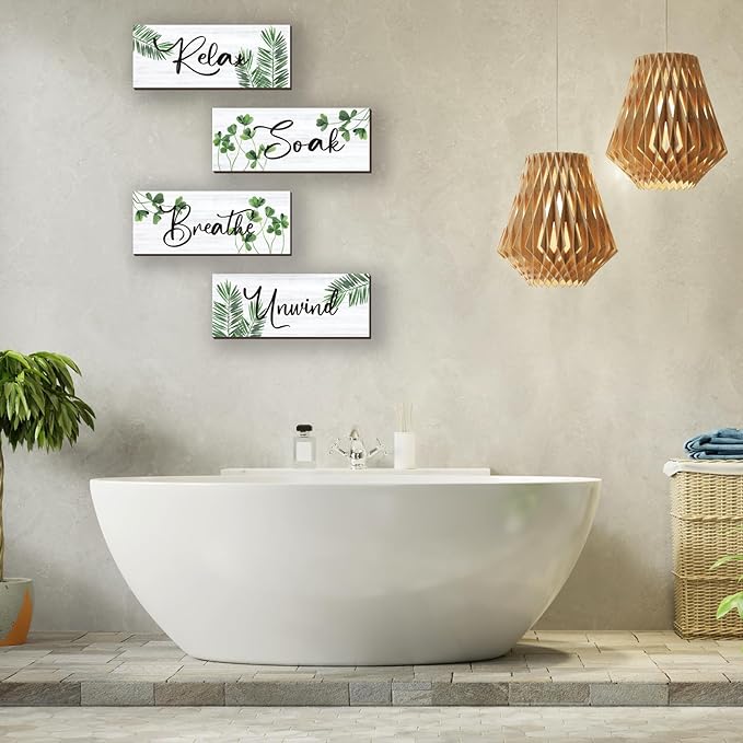 4 Pcs Farmhouse Bathroom Wall Decors Relax Soak Unwind Breathe Wooden Word Sign Green Hanging Wall Art Rustic Office Wall Decor for Bedroom Living Room Vintage Decorations(Green Leaves 10X4 Inch)