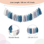 MECCANIXITY Bohemian Yarn Tassel Garland with Wood Beads,3.9Ft Blue Cream Gray Wall Hanging Tassels Banner Western Room Decor for Bedroom Office Nursery Classroom Party Decorations