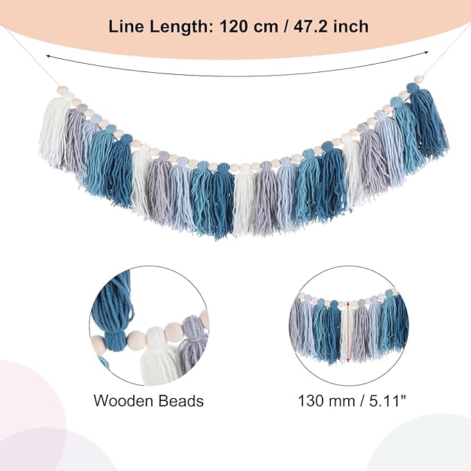 MECCANIXITY Bohemian Yarn Tassel Garland with Wood Beads,3.9Ft Blue Cream Gray Wall Hanging Tassels Banner Western Room Decor for Bedroom Office Nursery Classroom Party Decorations