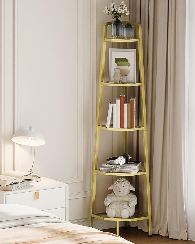 CHOEZON 5-Tier Corner Shelf, 59.6” Corner Storage Stand, Floorstanding Dispaly Rack, Tempered Glass Corner Bookshelf, Open Plant Stand, for Living Room, Bedroom, Study, Bathroom, Gold TCJ21GJ
