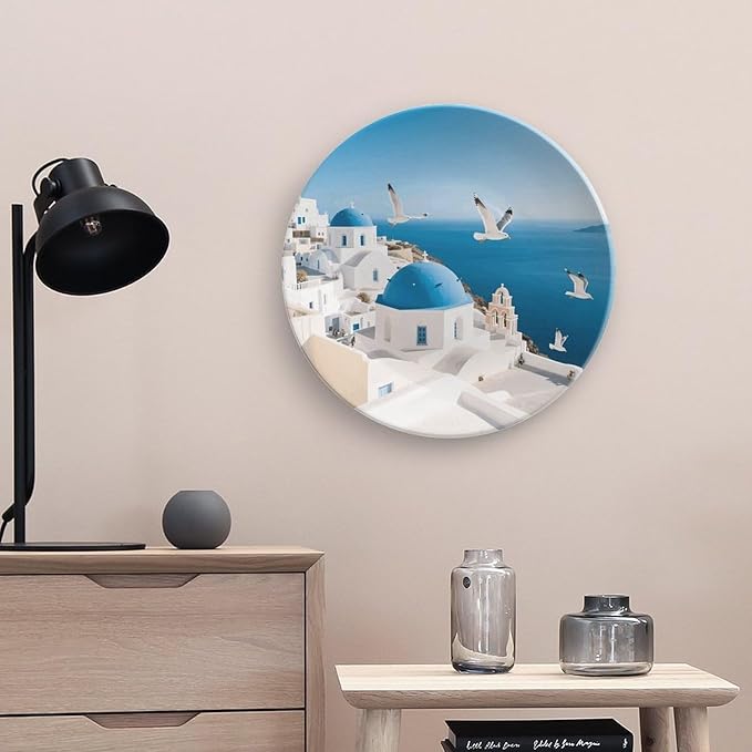 Santorini Greek Island Ceramic Display Plate Decorative Round Hanging Bone China Plate with Display Stand for Kitchen Dining Room Wine Cabinet Home Décor Art Decoration 10inch