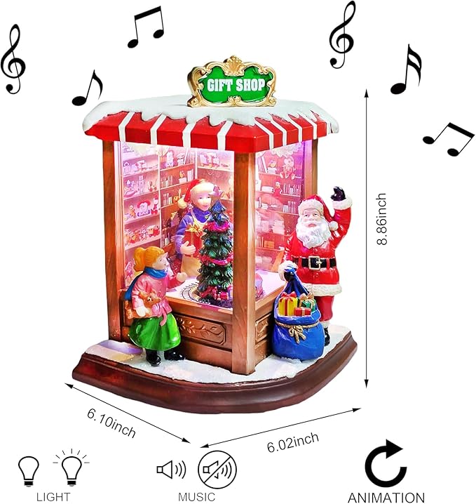 MOMENTS IN TIME Christmas Village Vintage Corner Gift Shop with Santa Claus LED Lights & Music, 8 Christmas Songs, Battery Operated, Handcrafted Polyresin Santa Figurine Holiday Decoration