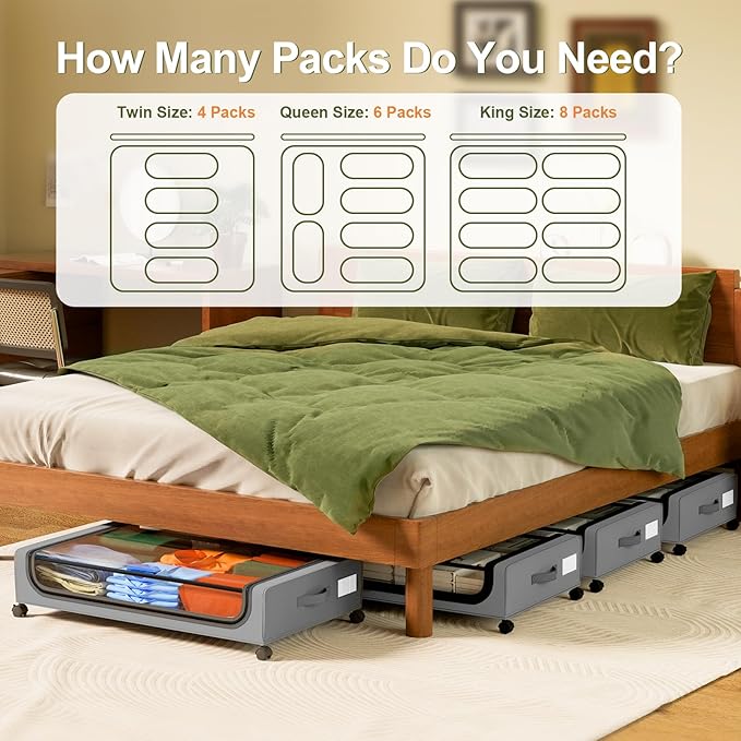 GoMaihe Under Bed Storage with Wheels: 48L Underbed Storage Containers with Lids - Rolling Bins for Shoes Clothes in Dorm Bedroom - Metal Drawers Easy Pull-out Grey 2-Pack