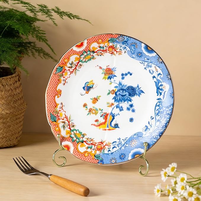KAMMAK Ceramic Decorative Plate Set of 2, Porcelain Plates for Kitchen Dining Room Wine Cabinet Home Decor, Vintage Collector Plates with 2 Display Stand, Lotus Pattern (8-inch + 10-inch)