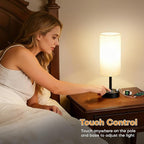 MOICO Bedside Lamp with 2 USB Ports and 1 AC Outlet, Table Lamp with Grey Linen Fabric Shade and Stable Metal Base, Nightstand Lamp for Bedrooms, Living Room, Kids Room, Dorm, Office