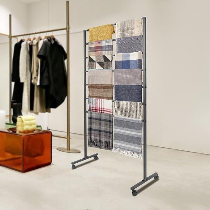Scarf Organizer Stand, 7-Tier Freestanding Scarf Display Rack with Wheels, Metal Scarf Holder Belt Pants Hanger for Commercial Clothing Retail Store Home, 31.5" x 15.7" x 59"(Black)