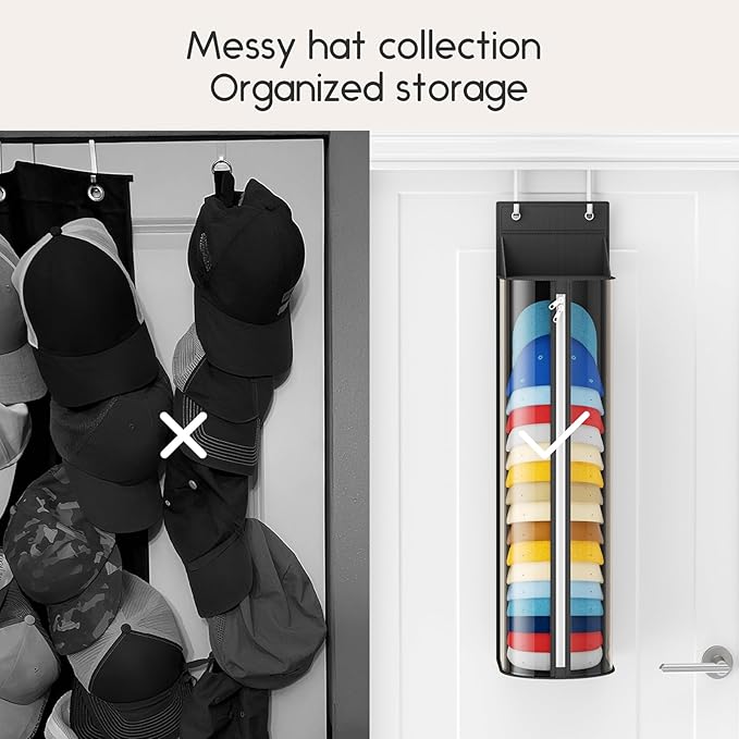 Hat Rack for Door and Closet – Large Capacity Hanging Hat Rack Organizer Holds 30-35 Caps, Over the Door Hat Storage Organizer for Bedroom, Entrance or Dorm, 1 Pack, Black