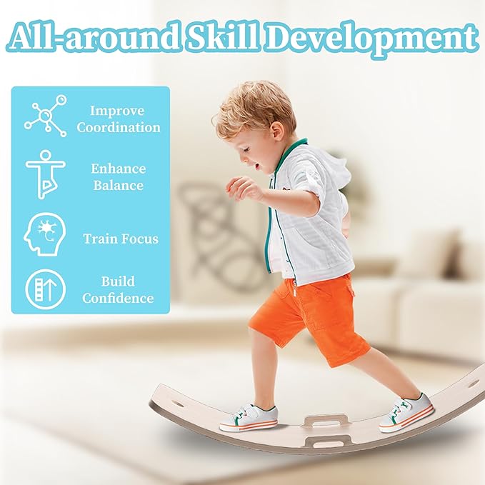 Wooden Wobble Balance Board Kids, 27 Inch Balance Board Toddlers with Natural Wood Board with Rope for Indoor&Outdoor Exercise, Open Ended Learning Toy for Body Training, Birthday