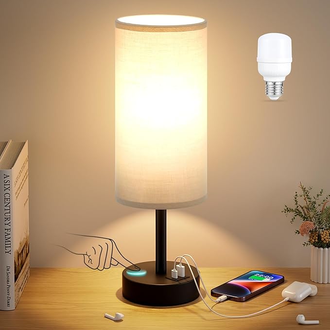 Dicoool Grey Touch Bedside Lamp with USB - 3 Way Dimmable Table Lamp for Bedroom, Nightstand Lamp with Black Charging Station for Desk Dorm, Office, Boy Kids Room, Small