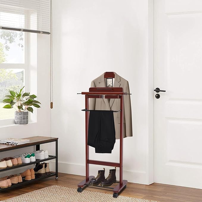 Suit Valet Stand for Men, Wood Suit Rack, Mens Valet Stand, Clothes Stand with Universal Wheels, Freestanding Clothing Stand for Home, Office, Hotel, Upscale Clubs