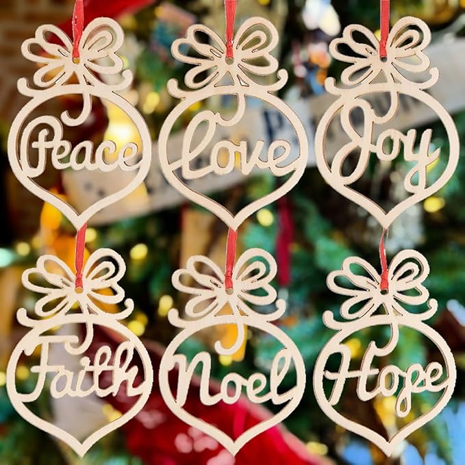 24 Pieces Hollow Ornaments Xmas Tree Wooden Hanging Tags Crafts Pendant Decor, Rustic Farmhouse Christmas Ornaments Holiday Wedding Party Decorations