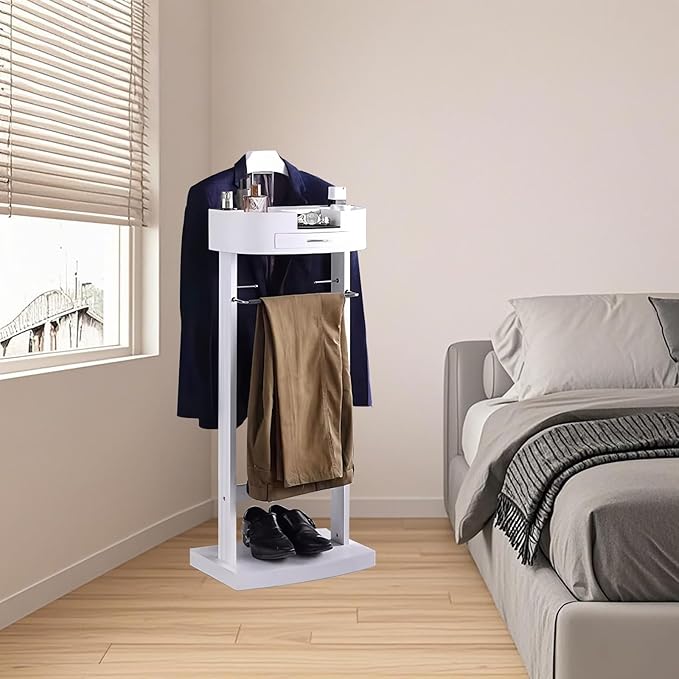 Wood Valet Stand with Drawers, White Men's Valet Stand with Sturdy Base, Suit Valet Stand, Load Capacity 50kg, for Entryway, Bedroom, Office, 17X13.5X42 in (White)