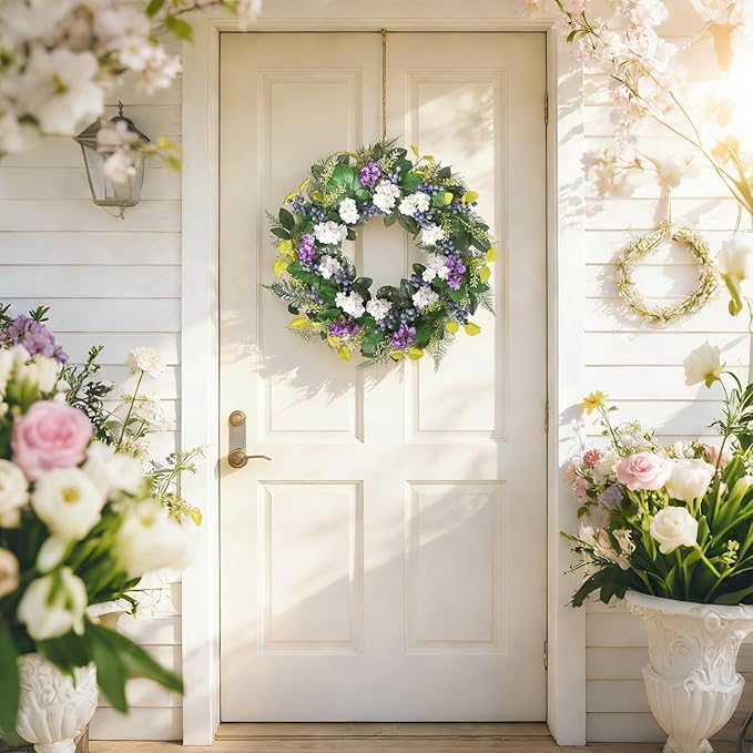 Idyllic 24 Inch Spring Summer Wreath for Front Door - Artificial Blueberry Bunch Wreath with White Purple Flowers Floral Decor for Window Mantel Wedding Indoor Outdoor Home Decoration
