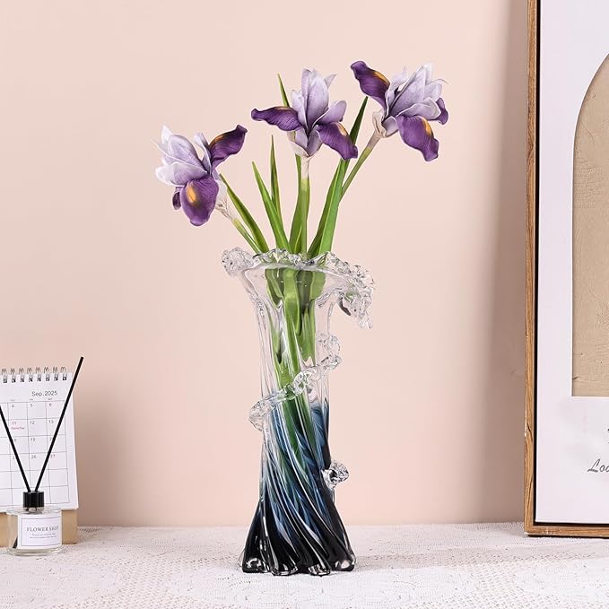 Blue White Clear Wave Vases Gradient, Murano Hand Blown Glass Vase Unique Art Decorative, for Ocean Themed Coastal Home Centerpiece Modern Office Entrance Table Creativity