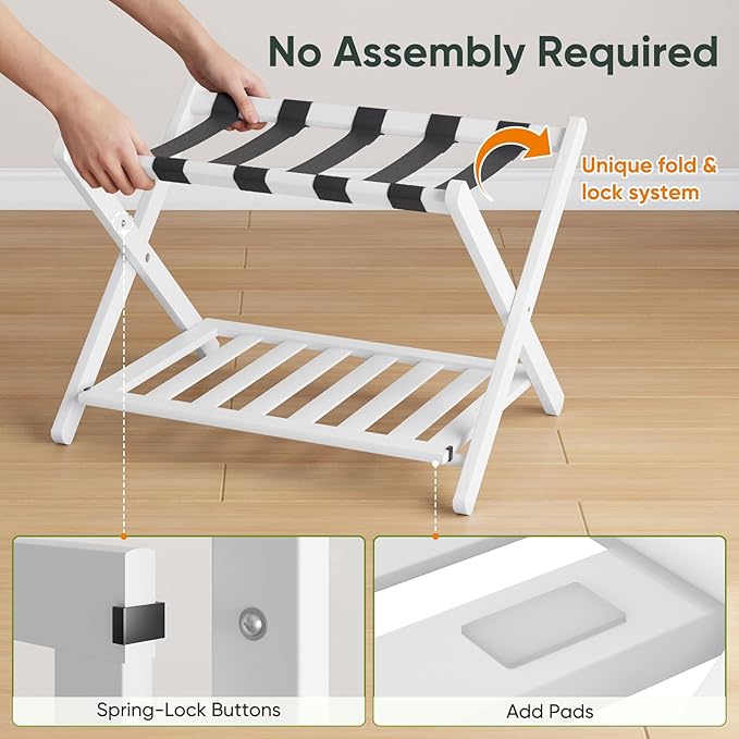Fully Assembled White Bamboo Luggage Rack, 5 Straps Folding Suitcase Stand with Shoe Shelf, Heavy Duty Wood Large Luggage Holders for Guest Room, Bedroom, Hotel