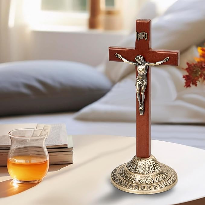 ACHIBANG 12" Crucifix Wall Cross with Stand – Catholic Wooden Standing and Hanging Jesus Cross with INRI for Home or Prayer Room