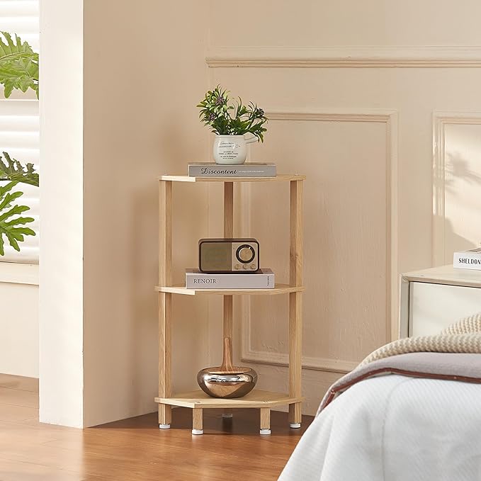 YUFAM 3-Tier Corner Shelf with Sturdy 5-Leg Base, Wooden Corner Bookshelf for Small Spaces, Small Corner Table for Living Room, Bedroom, Bathroom, Natural