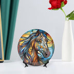 Decorative Plates for Wall Hanging, Horse Abstract Stained Glass Painting Ceramic Plate w/Display Stand, Home Decor for Kitchen Cabinets, Farmhouse Round Tray 6 Inch, Gift for Horse Lover