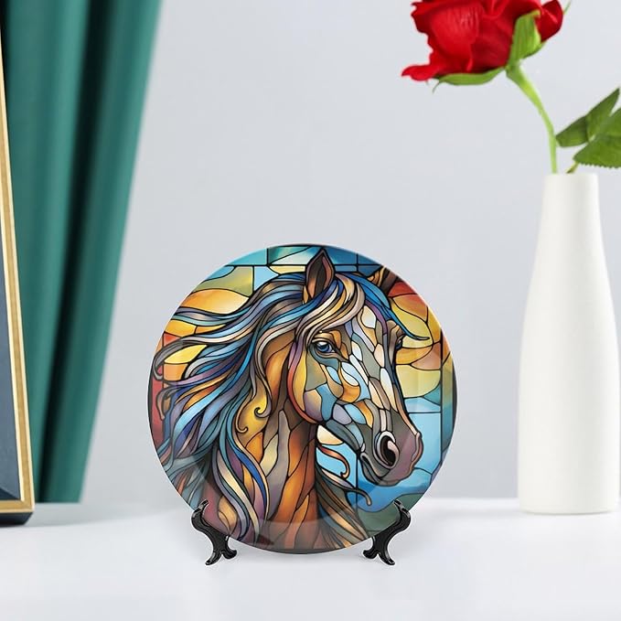 Decorative Plates for Wall Hanging, Horse Abstract Stained Glass Painting Ceramic Plate w/Display Stand, Home Decor for Kitchen Cabinets, Farmhouse Round Tray 6 Inch, Gift for Horse Lover