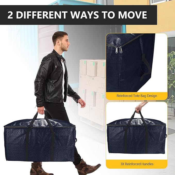 Extra Large Storage Bags Set Heavy Duty Moving Totes with Handles, Dorm Room Essentials-Way Carrying Design Dorm Room Essentials For Clothes Storage (Dark Blue, 14 Park- 4 & 10 Vacuum Bags)