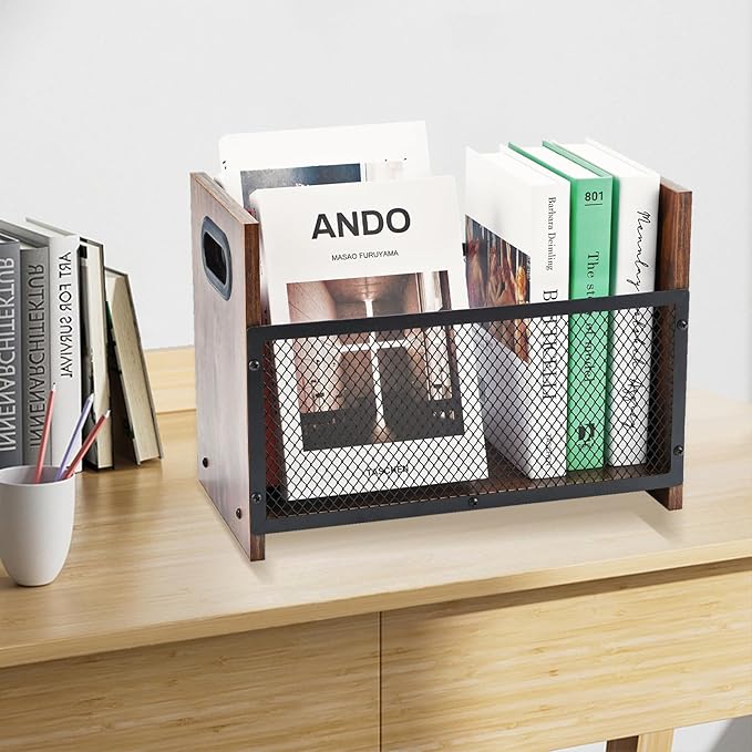Magazine Holder, Desktop Magazine Rack File Holder Organizer Rustic Storage Basket for Magazines, Books, Newspapers, Tablets (Medium)