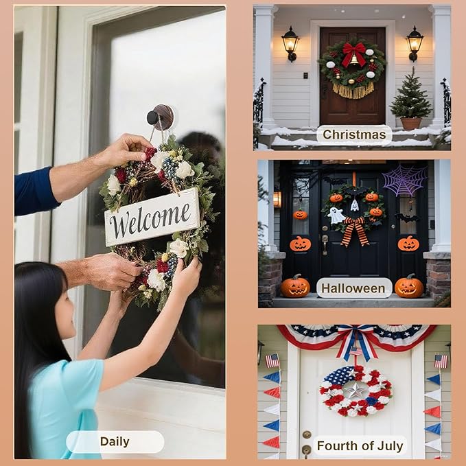 Wreath Hanger for Front Door, 2Pack Suction Cup Hooks for Glass Window/Over Door/Outdoor, Christmas/Thanksgiving/Halloween/July 4th/Easter/Valentine/Fall/Summer/Spring (2Pack)