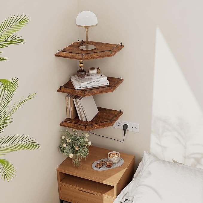 JJL Corner Shelf Wall Mounted, 12 Inches 3-Tier Floating Corner Shelf, Hexagon Rustic Wood Decor with Fence, Brown Storage Organizer for Apartment Bedroom Kitchen Bathroom