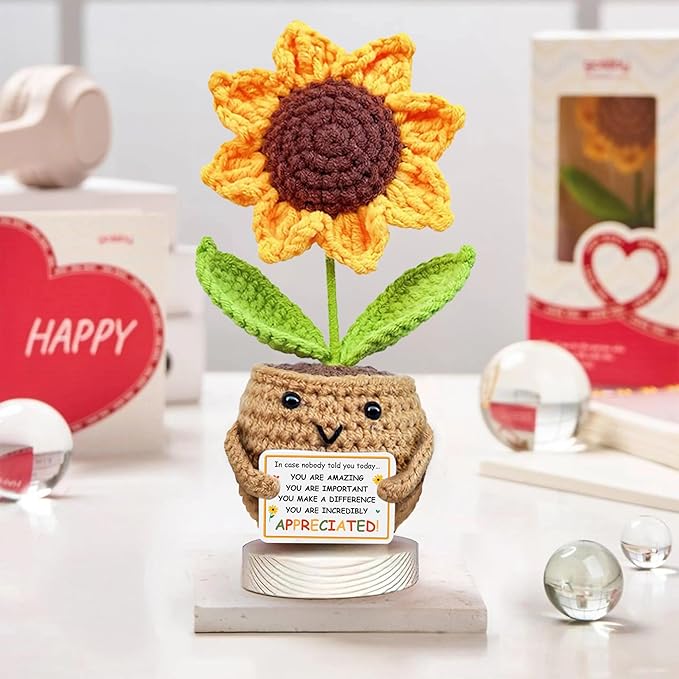 Gossby Appreciation Gift Women - Sunflower Flower Crochet - Thank You, Inspirational, Encouragement Gift Coworker, Boss, Employee, Teacher, Friend - Positive Emotional Support Plush - You're Amazing