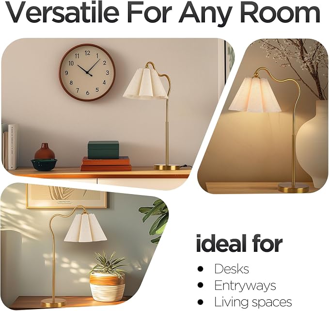 Table Lamp with Beige Pleated Linen Shade, Curved Gold Metal Base, E26 Socket – 23" Tall Modern Bedside Desk Lamp for Bedroom, Living Room, Office – Bulb Not Included