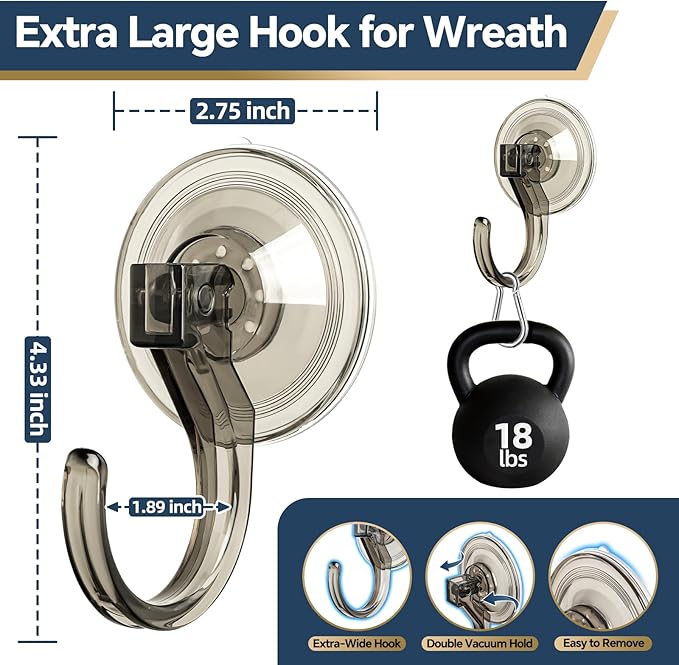 Amuille Wreath Hangers, 2 Pack Large Suction Cup Wreath Hooks, Removable Suction Cup Hanger for Front Door, Glass Window, Shower, Kitchen, Holds up to 18 lbs