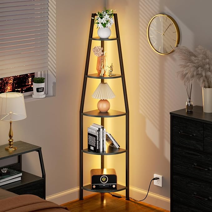 Furnulem 5 Tier Corner Shelf with LED Light, 67.2” Tall Standing Shelf for Wall Corner, Narrow Bookshelf Ladder Shelf for Bedroom, Living Room, Plant, Wood Storage Rack, Metal Frame (Black Oak)