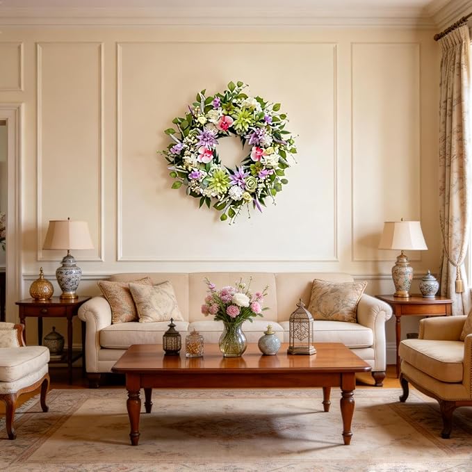 24 Inch Spring Wreath for Front Door, Artificial Spring Summer Floral Wreath with Dahlia Hydrangea Orchid for Home Wall Wedding Festival Indoor Outdoor Decor