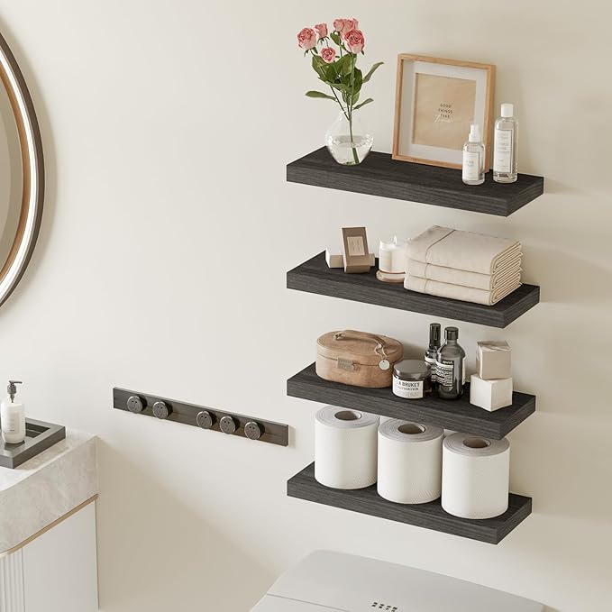 Fixwal 15.7in Floating Shelves, Rustic Wood Finish Wall Shelves Set of 4, Shelves for Wall Decor, with Invisible Brackets for Bathroom, Living Room,Bedroom and Kitchen(Gray)