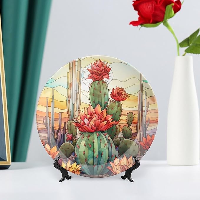 Decorative Plates for Wall Hanging, Cactus & Colorful Sky Stained Glass Design Ceramic Plate w/ Display Stand, Home Decor for Kitchen Cabinets, Farmhouse Round Tray 8 Inch, Gift for Cactus Lover
