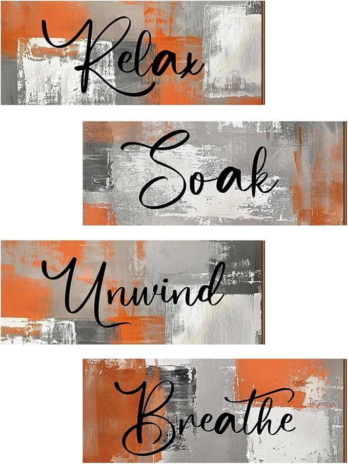 Maitys 4 Pcs Orange Bathroom Wall Decor 10 x 4 Inch Bathroom Wall Art Contemporary Wood Restroom Pictures for Soak Unwind Relax Hanging Sign Spa Rustic Vintage Farmhouse Pediments