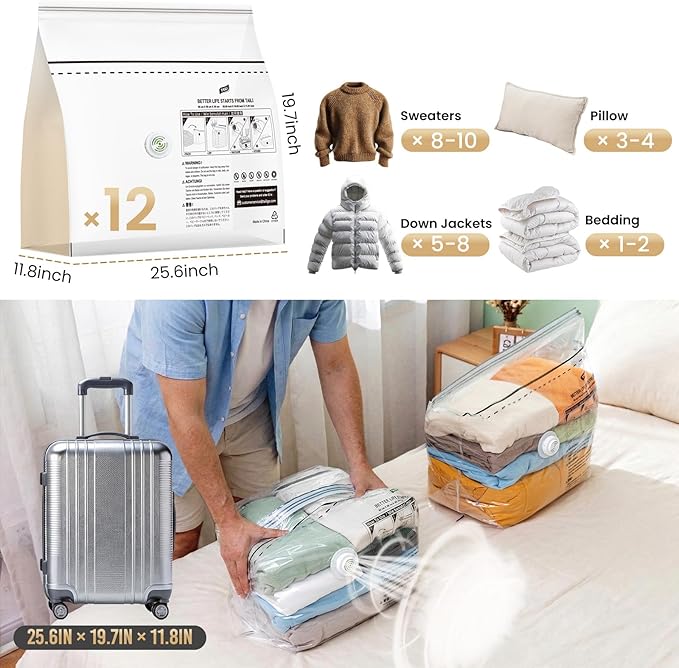 TAILI 12 Pack Cube Vacuum Storage Bags, Medium Size (25x19x11 inch), Vacuum Seal Bags for Clothing, Travel Compression Packing for Clothes, Blankets, Baby Clothes, Travel Accessories