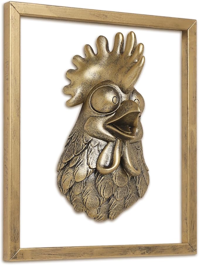 Newinhome Animal Heads Wall Decor (Includes Metal Frame) Resin Animals Sculptures Head Wall Hanging Decoration Gold vintage Wall Sculpture for Living Room Bedroom Office(Rooster)