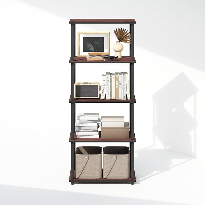 Furinno Turn-N-Tube Book Shelf, 5-Tier Bookshelf, Bookcase with Multipurpose Compact Display Rack, 11.6 x 23.6 x 57.4, for Living Room, Bedroom, Home Office, Dark Cherry/Black