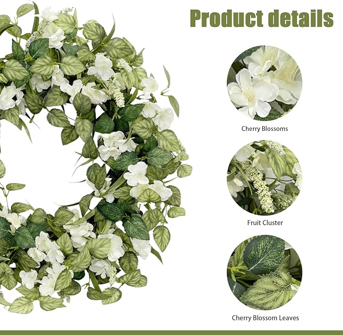 Jobflower 24 Inch Spring Wreaths for Front Door, All Seasons Summer Wreath with Fade-Resistant Greenery, Large Farmhouse Artificial Green Wreath for Outdoor Porch Wall Window Decor, Green