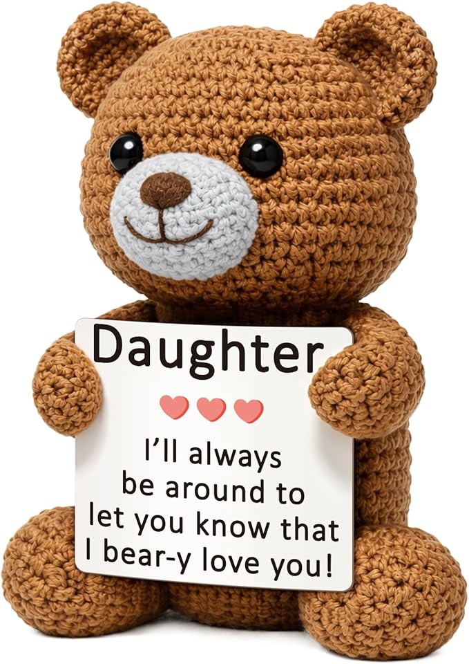 WELLBANEE Daughter Gifts from Mom Dad, Positive Crochet Bear Gift for Daughter, Birthday Graduation Gifts for Daughters, Handmade Comfort Gift for Teen Girls Women