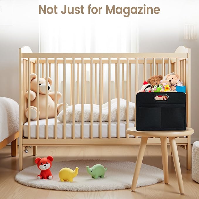 Magzine Holder,Felt foldable Magazine Basket for Storage Organizer, Magazine Newspaper File Laptop Folder with 4 Pockets for dorm, Living Room, Office Storage Holder Bag, Black