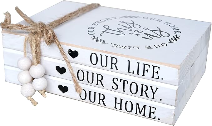 LIVDUCOT Wood Decorative Books Stack Rustic Home Decor Stack White Wooden Books for Modern Home Decor,Shelf,Mantle or Tray This is Us Our Life Our Story Our Home 7X 5.5X 2.5'