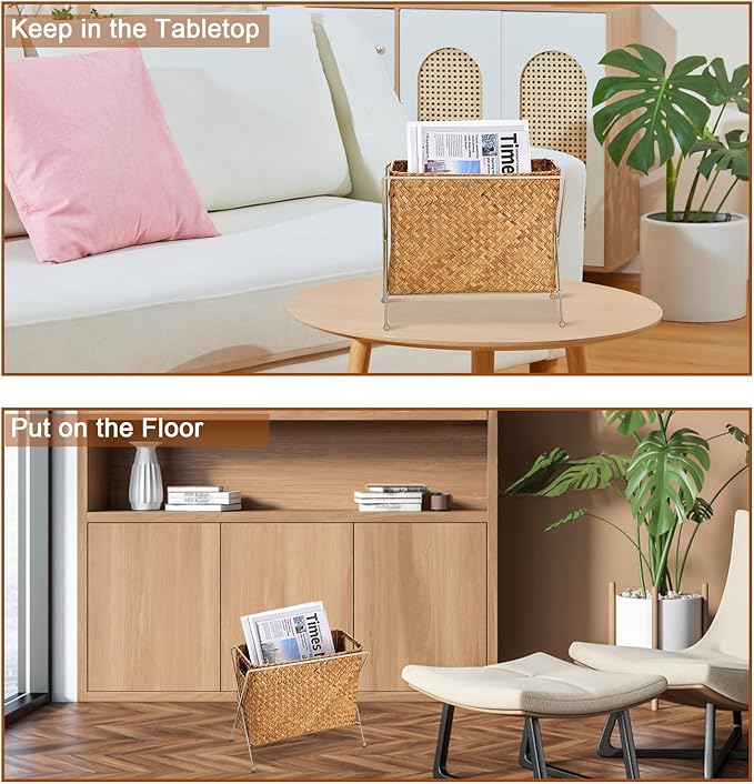 BTSKY Handwoven Magazine Holder, Natural Seagrass Magazine Basket with Metal Rack, Mail Holder Floor Organizer for Office, Living Room, Dorm, Bathroom, Woven Rattan File Basket with Handle(Caramel)