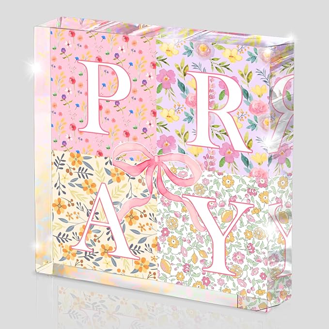 Appreciation Gifts, Pink Bow Christian Gifts for Women, Pink Office Home Decor for Women, Flowers Desk Decorations for Office- Pray- Christian Desk Plaque- Pray-Bible Verse Decoration