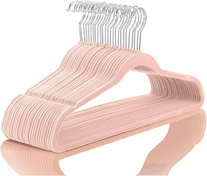 MIZGI Premium Velvet Hangers (50 Pack) Heavyduty - Non Slip Felt Hangers - Velvet Suit Hanger Blush Pink/Rose - Chrome Hooks,Space Saving Clothes Hanger